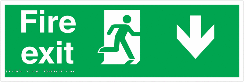 Fire Exit (Arrow Down) - Tactile & Braille Sign