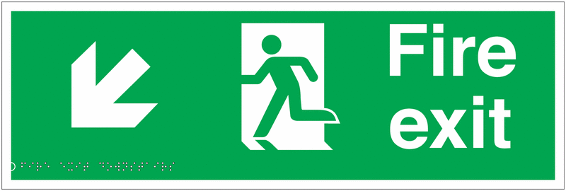Fire Exit (Arrow Left & Down) - Tactile & Braille Sign